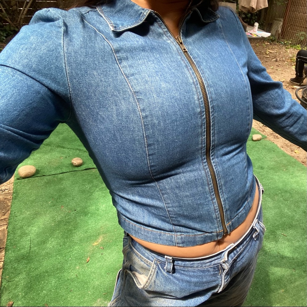 Vintage Zip Up Denim long Sleeve Shirt with Collar